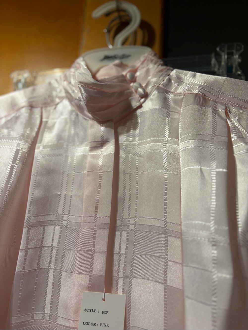 NWT Vintage Deadstock Yves St. Clair Pale Pink Satin High-Neck Blouse - Picture 3 of 6